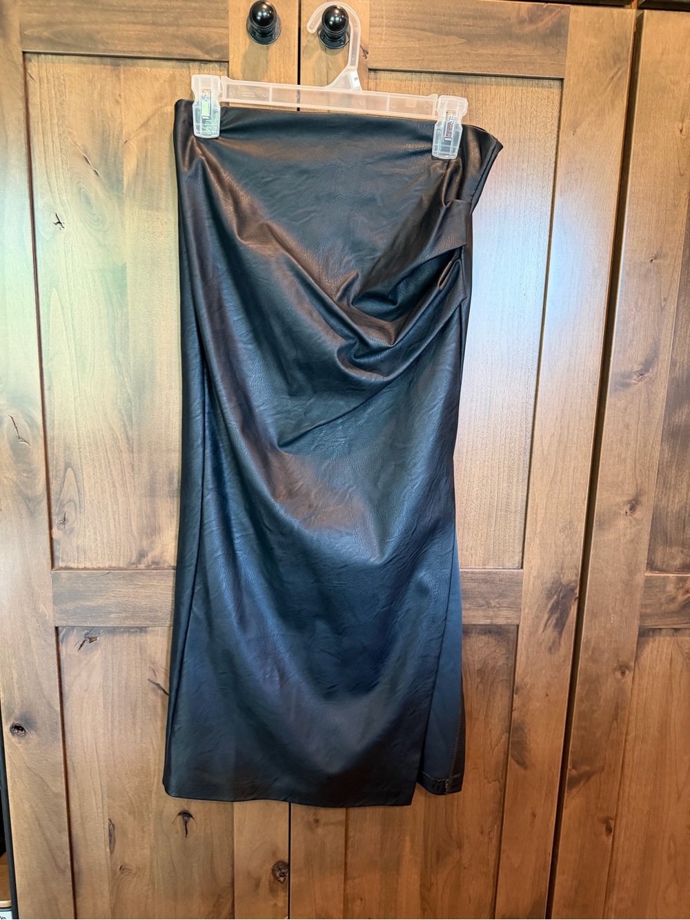 Faux Leather Draped Midi Skirt - Black